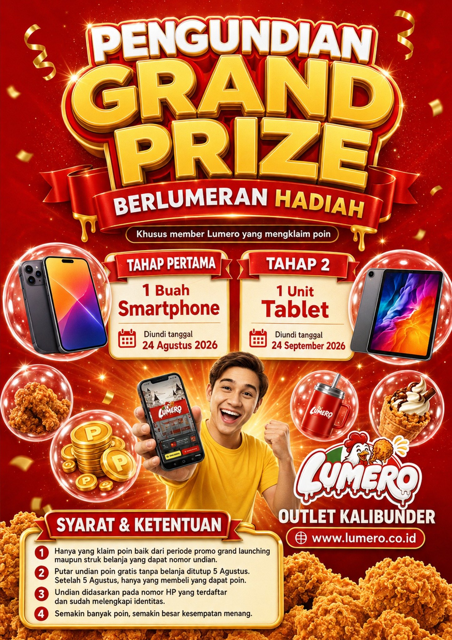 Poster Pengundian Grand Prize Lumero, hadiah smartphone diundi 24 Agustus 2026 dan tablet diundi 24 September 2026.